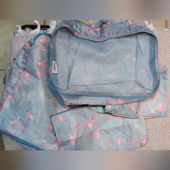 Fadish Light Blue and  Pink Flamingo Print Travel Kit - Picture 1 of 7